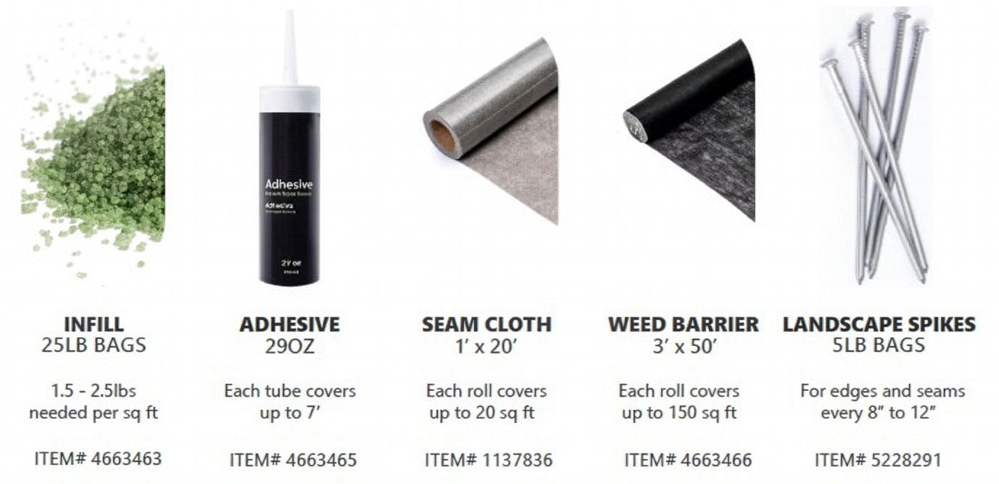 Turf accessories including infill, glue, substrate and nails